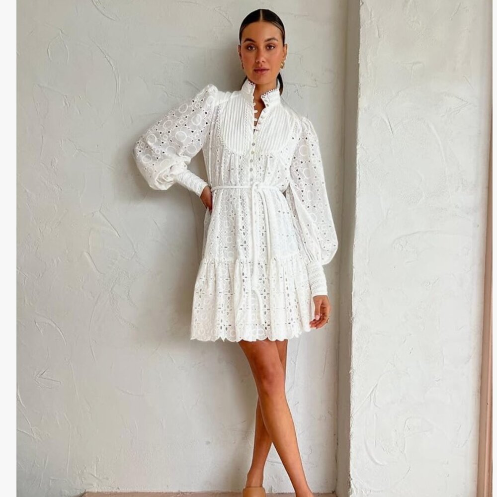 Roiii Women A-Line Lace Loose Baroque Button Down Long Sleeve Casual Dress